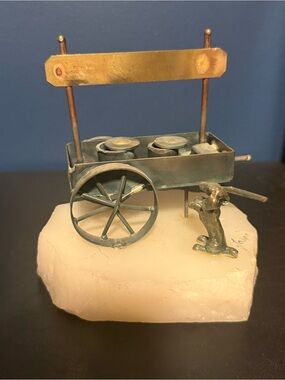 Vintage Mario Jason Signed Metal Art Brass Sculpture Onyx Base HOT DOG CART